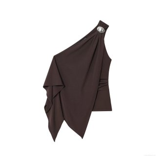 Women's One Shoulder Asymmetric Hem Sleeveless T-Shirt Top With Metal Ring Detail Ruched Streetwear Party Tee Brown Polyester