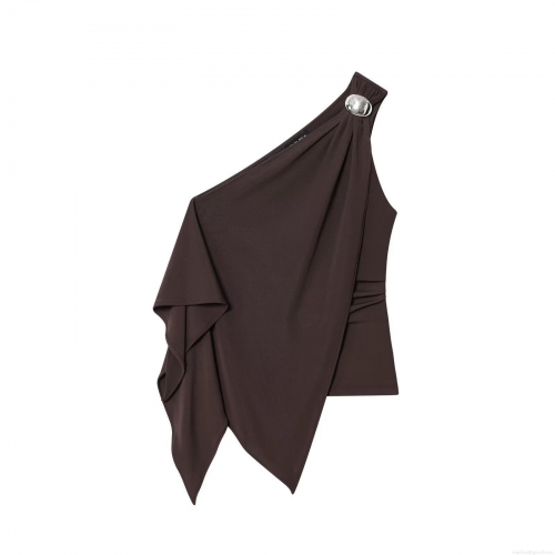 Women's One Shoulder Asymmetric Hem Sleeveless T-Shirt Top With Metal Ring Detail Ruched Streetwear Party Tee Brown Polyester