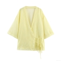 Women Casual Striped V Neck Bow Knot Blouse Polyester Short Sleeve Kimono Wrap Shirt Streetwear Tops