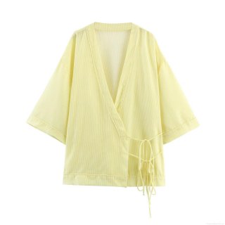 Women Casual Striped V Neck Bow Knot Blouse Polyester Short Sleeve Kimono Wrap Shirt Streetwear Tops