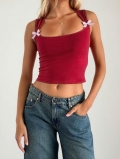 Women's Sexy Red Knit Crop Cami Top Featuring Pink Bow Shoulder Straps Slim Fit Sleeveless Summer Ribbed Tank Top For Party Clubwear Y2K Fashion Sleeveless Vest Polyester Spandex Blend