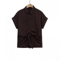 Women's European Style Lapel Long Sleeve Blouse With Knot Front Decoration Solid Color Polyester Casual Shirt Top For Daily Wear Streetwear
