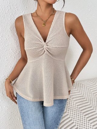 Women's V Neck Sleeveless Knitted Top Elegant Knot Front Peplum Hem Summer Casual Slim Fit Beige Knit Shirt Blouse For Women