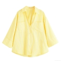 Women's Striped Shirt Yellow White Vertical Stripes Long Sleeve Blouse With Patchwork Chest Pockets Casual Loose Fit Button Down Top For Fall Streetwear
