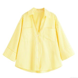 Women's Striped Shirt Yellow White Vertical Stripes Long Sleeve Blouse With Patchwork Chest Pockets Casual Loose Fit Button Down Top For Fall Streetwear