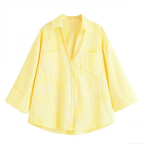 Women's Striped Shirt Yellow White Vertical Stripes Long Sleeve Blouse With Patchwork Chest Pockets Casual Loose Fit Button Down Top For Fall Streetwear