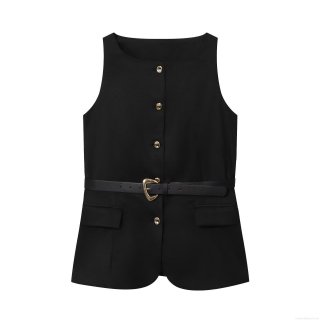 Women's Sleeveless Vest Top With Belt Gold Heart Buckle Single Breasted Waistcoat Solid Black Polyester Casual Streetwear Suit Vest For Women