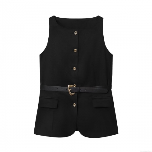 Women's Sleeveless Vest Top With Belt Gold Heart Buckle Single Breasted Waistcoat Solid Black Polyester Casual Streetwear Suit Vest For Women