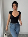 Women's Sexy V-Neck Backless Short Sleeve T-Shirt Slim Fit Cropped Knit Top Polyester Solid Color Summer Casual Tee for Women Party Dating