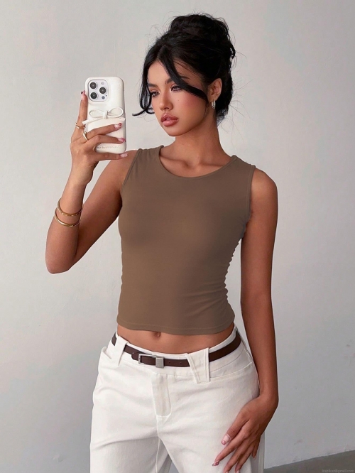 Women's Elegant Coffee Sleeveless T-Shirt 95% Polyester 5% Spandex Slim Fit Round Neck Top With Back Bow Tie Open Back For Summer Commute Daily Fashion