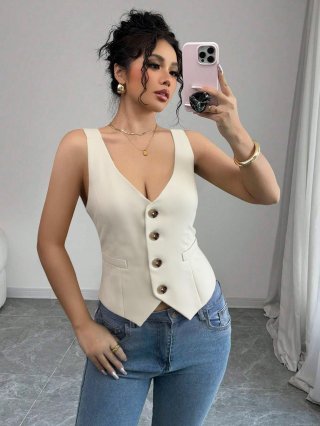 Women's Slim Fit V-Neck Waistcoat Elegant Single Breasted 4 Buttons Asymmetrical Hem Sleeveless Polyester Blend Vest Retro Spicy Girl Style Office Lady Casual Top Beige Women's Slim Fit V-Neck Waistcoat Elegant Single Breasted 4 Buttons Asymmetrical Hem Sleeveless Polyester Blend Vest Retro Spicy Girl Style Office Lady Casual Top Beige