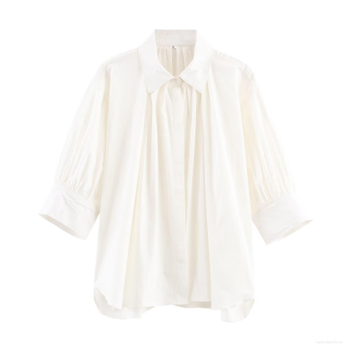 Women Solid White Pleated Lapel Shirt Casual Loose Long Sleeve Button Down Blouse Autumn Streetwear Fashion Top