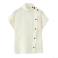 Women's Casual Cotton Linen Texture Short Sleeve Shirt Stand Collar Side Button Solid Color Western Streetwear Blouse Top