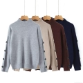 Women's Mock Neck Pullover Sweater With Button Decoration Long Sleeve Polyester Knitwear Loose Fit Winter Warm Streetwear Tops