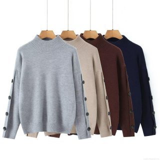 Women's Mock Neck Pullover Sweater With Button Decoration Long Sleeve Polyester Knitwear Loose Fit Winter Warm Streetwear Tops