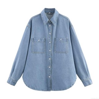 Women's Casual Long Sleeve Denim Shirt Loose Fit Turn-down Collar Solid Color Button Down Blouse With Pockets Curved Hem Streetwear Autumn Tops