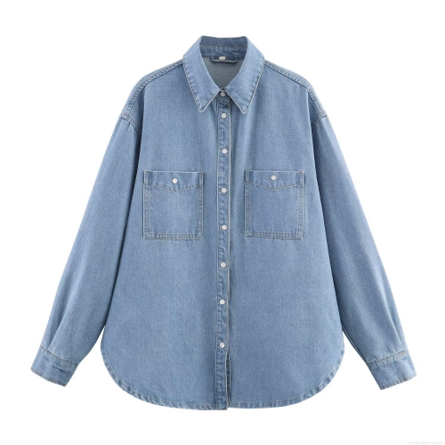 Women's Casual Long Sleeve Denim Shirt Loose Fit Turn-down Collar Solid Color Button Down Blouse With Pockets Curved Hem Streetwear Autumn Tops