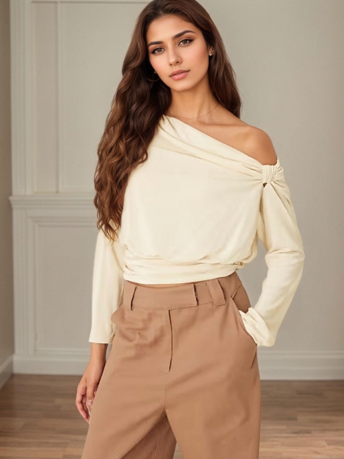 Women's Off-Shoulder Ruched Long Sleeve Top 95% Polyester 5% Elastane Asymmetrical Slim Fit T-Shirt Elegant Commute Sexy Blouse For Women