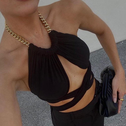 Women Sexy Halter Tank Top Black Gold Metal Chain Backless Hollow Out Cross Bandage Crop Top Clubwear Party Streetwear Women Clothing