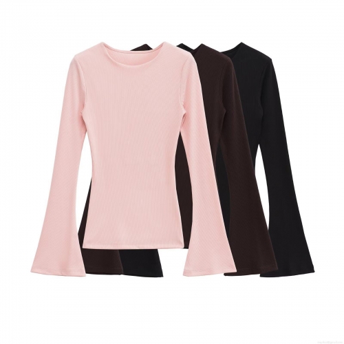 Women's Ribbed Knit T-Shirt Flare Sleeve Round Neck Slim Fit Long Sleeve Top Solid Color Polyester Spandex Tee For Spring Autumn Casual Streetwear