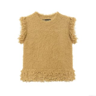 Women Mustard Yellow Faux Fur Knitted Vest Round Neck Sleeveless Fuzzy Pullover Waistcoat Casual Streetwear Autumn Winter Soft Plush Top