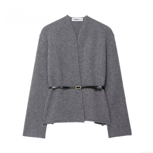 Women's Solid Gray Knitted Pullover Sweater With Black Leather Belt Long Sleeve V-Neck Western Style Casual Autumn Winter Warm Knitwear Top