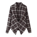Women's Fashion Plaid Long Sleeve Shirt Jacket Polyester Turndown Collar Single Breasted Loose Casual Blouse With Irregular Hem Autumn Streetwear Top