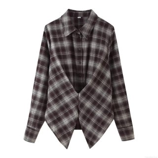 Women's Fashion Plaid Long Sleeve Shirt Jacket Polyester Turndown Collar Single Breasted Loose Casual Blouse With Irregular Hem Autumn Streetwear Top