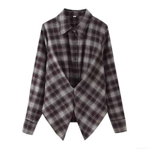 Women's Fashion Plaid Long Sleeve Shirt Jacket Polyester Turndown Collar Single Breasted Loose Casual Blouse With Irregular Hem Autumn Streetwear Top