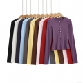 Women's Long Sleeve Ribbed Knit Henley T-Shirt Slim Fit Solid Color Button Decor Round Neck Autumn Basic Top Casual Soft Pullover Clothing