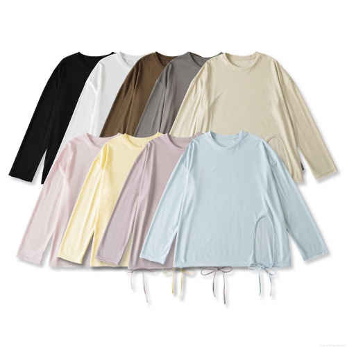 Women Casual Cotton Polyester Blend Long Sleeve T-Shirt Round Neck Irregular Hem Side Drawstring Cutout Solid Color Pullover Top For Daily Streetwear