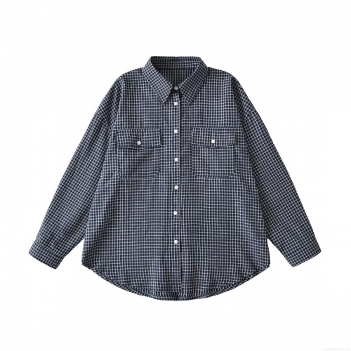 Women Loose Plaid Long Sleeve Shirt Polyester Checkered Turnover Collar Blouse With Double Pockets Casual Streetwear Autumn Daily Top