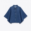 Women's Loose Denim Style Cape Shirt Turn-down Collar Batwing Sleeve Single Breasted Blouse Streetwear Casual Deep Blue Polyester Top