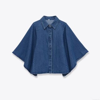 Women's Loose Denim Style Cape Shirt Turn-down Collar Batwing Sleeve Single Breasted Blouse Streetwear Casual Deep Blue Polyester Top