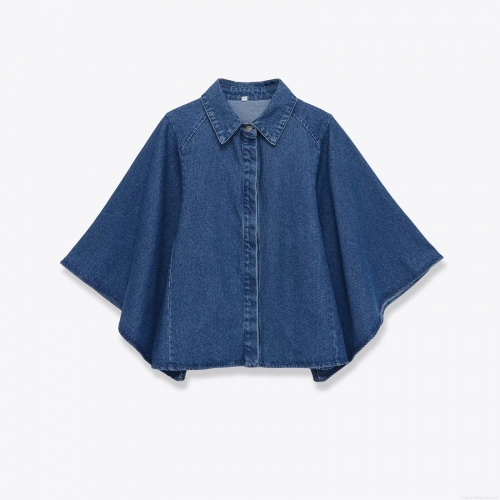Women's Loose Denim Style Cape Shirt Turn-down Collar Batwing Sleeve Single Breasted Blouse Streetwear Casual Deep Blue Polyester Top