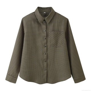 Women Plaid Long Sleeve Shirt Polyester Lapel Button Down Check Blouse With Pocket Loose Casual Daily Vintage Streetwear Fashion Top