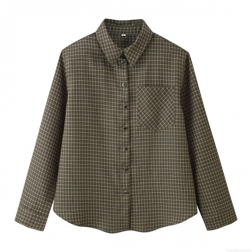Women Plaid Long Sleeve Shirt Polyester Lapel Button Down Check Blouse With Pocket Loose Casual Daily Vintage Streetwear Fashion Top