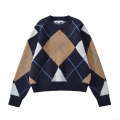 Women's Retro Argyle Knitted Sweater Round Neck Long Sleeve Loose Pullover Contrast Color Patchwork Soft Knit Top Autumn Winter Casual Streetwear Fashion