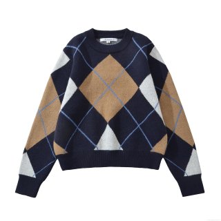 Women's Retro Argyle Knitted Sweater Round Neck Long Sleeve Loose Pullover Contrast Color Patchwork Soft Knit Top Autumn Winter Casual Streetwear Fashion