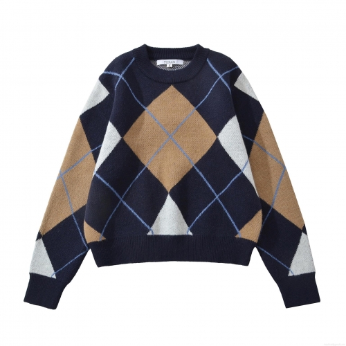 Women's Retro Argyle Knitted Sweater Round Neck Long Sleeve Loose Pullover Contrast Color Patchwork Soft Knit Top Autumn Winter Casual Streetwear Fashion