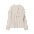 Women's Elegant Ruffle Chiffon Blouse Long Sleeve V Neck Tie Front Layered Solid Color Beige Shirt Top For Office Streetwear