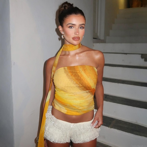 Women Sexy Polyester Spandex Marble Print Ruched Tube Top With Matching Neck Scarf Slim Fit Summer Sleeveless Crop Top For Party Vacation