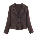 Women Suit Collar Single Breasted Knit Cardigan Jacket With Black Flower Buttons Casual Long Sleeve Solid Color Polyester Sweater For Autumn Winter