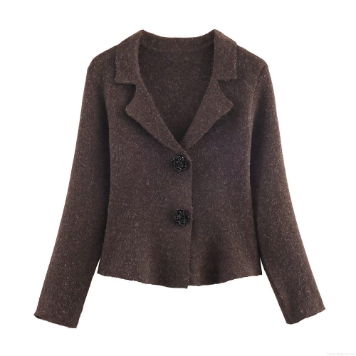 Women Suit Collar Single Breasted Knit Cardigan Jacket With Black Flower Buttons Casual Long Sleeve Solid Color Polyester Sweater For Autumn Winter