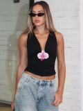 Women Sexy Deep V-Neck Halter Tank Top With 3D Orchid Flower Ruched Sleeveless Cami Top Summer Streetwear Party Clubwear Polyester Spandex Blouse