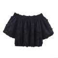 Women's Off-Shoulder Puff Sleeve T-Shirt Short Fringe Trim Smocked Elastic Blouse Top Solid Black Streetwear Casual Polyester Top for Women Summer