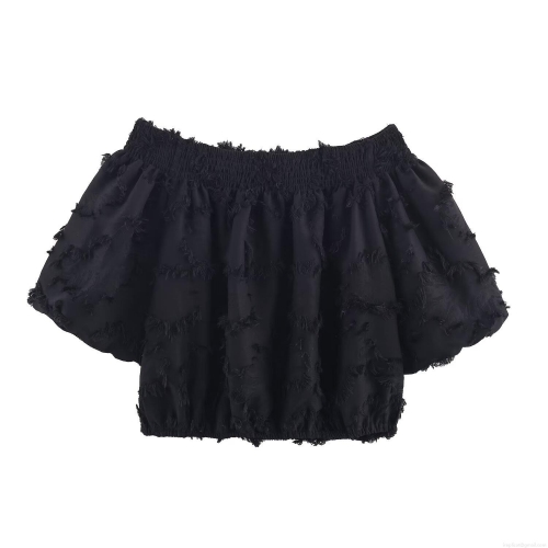 Women's Off-Shoulder Puff Sleeve T-Shirt Short Fringe Trim Smocked Elastic Blouse Top Solid Black Streetwear Casual Polyester Top for Women Summer