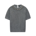 Women's Round Neck Short Sleeve Knit Sweater With Luxury Crystal Rhinestone Flower Decoration Polyester Pullover Top For Autumn Winter Casual Style