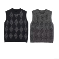 Women's Argyle Knit Sweater Vest 100% Polyester Sleeveless Round Neck Shiny Sequins Pullover Fall Winter Casual Fashion Waistcoat For Ladies