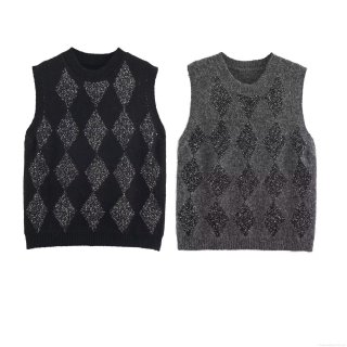 Women's Argyle Knit Sweater Vest 100% Polyester Sleeveless Round Neck Shiny Sequins Pullover Fall Winter Casual Fashion Waistcoat For Ladies